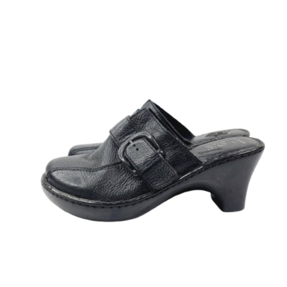 BOC‎ Born Concept Women's Black Leather Buckle Strap Wedge Mule Clogs Size US 9